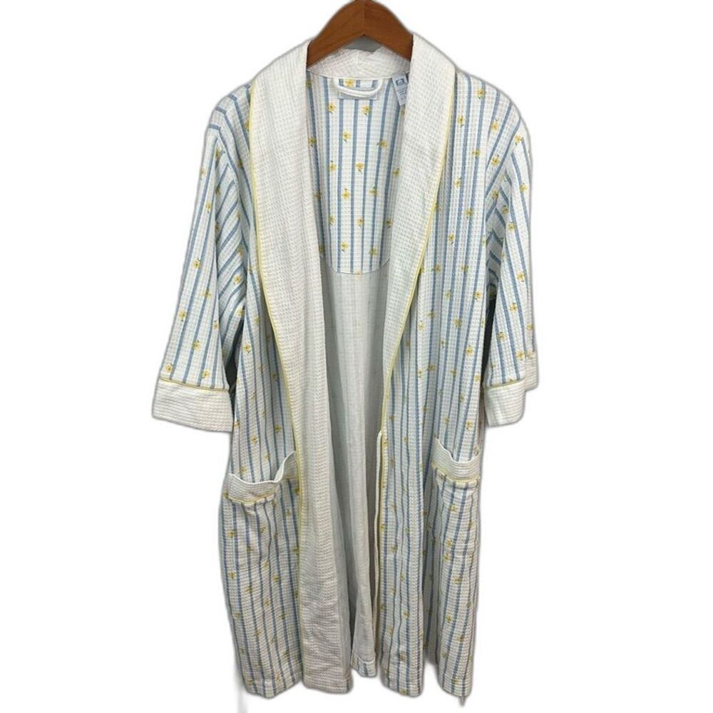 Erika Taylor Intimates Flower & Stripe Robe Size Large Blue White Yellow Comfy